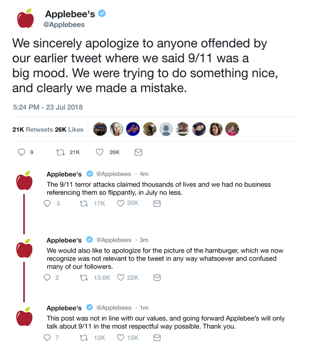Illustration for article titled Social Media Misfire:Ā ApplebeeāsĀ Has Apologized After Tweeting That 9/11 Was A āBig Moodā With A Picture Of A HamburgerĀ